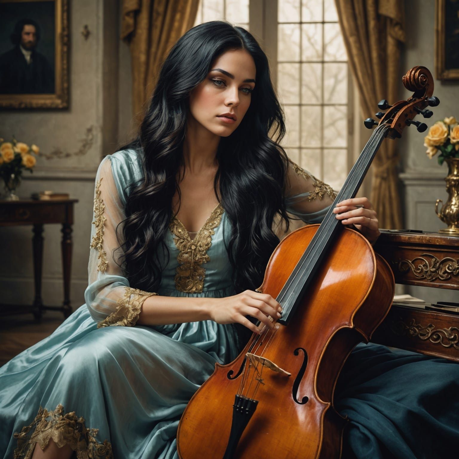Passionate Woman Adoring Dying Man Playing Cello