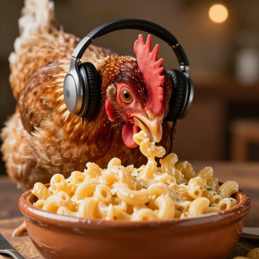 Photorealistic Chicken Enjoys Macaroni and Cheese in Warm Li...