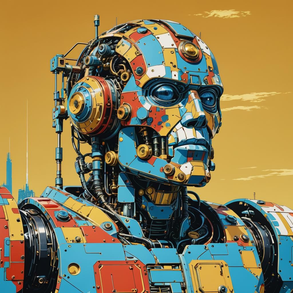 Cyborg Robot in Industrial Landscape: Pop Art Style