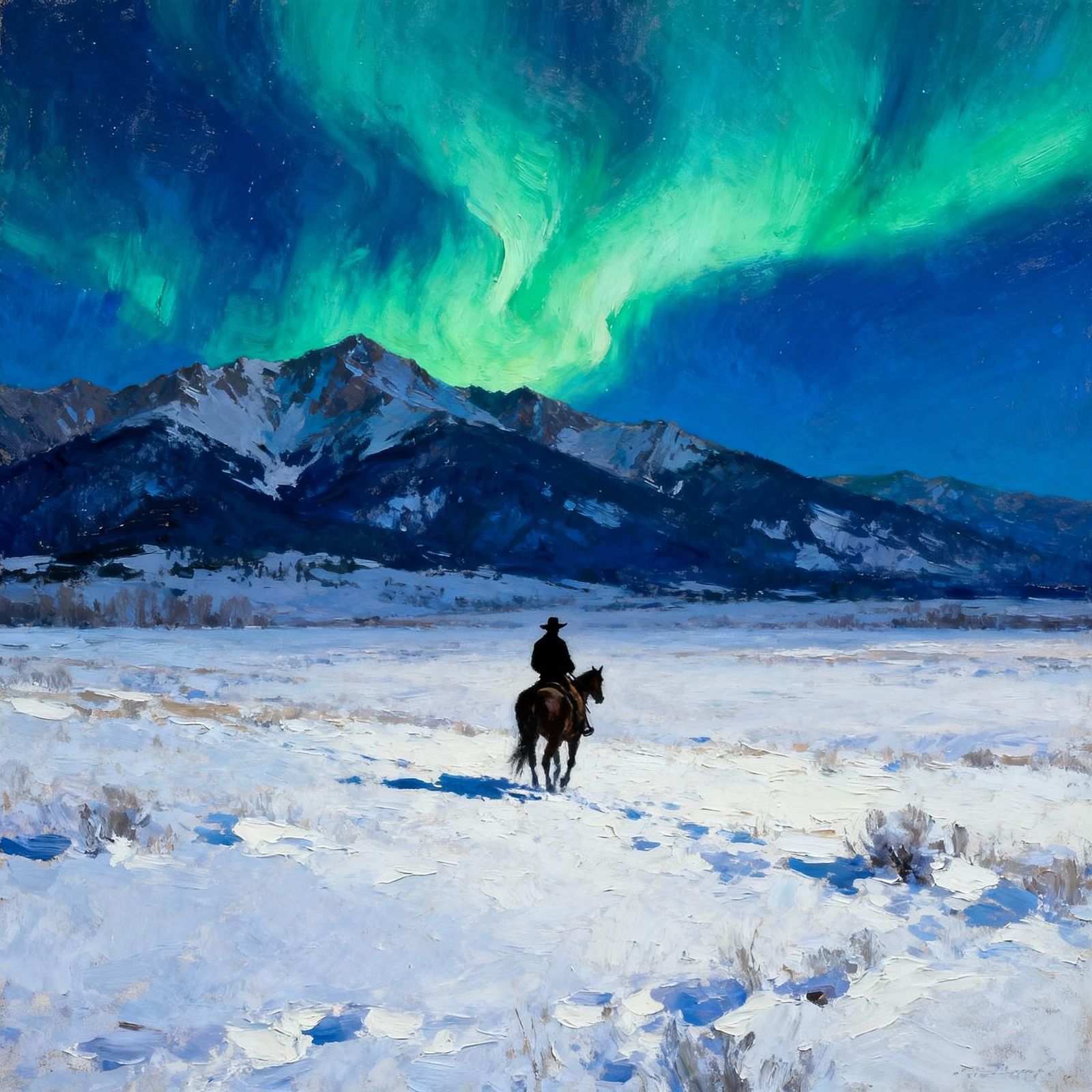 Cowboy Under Northern Lights in Montana