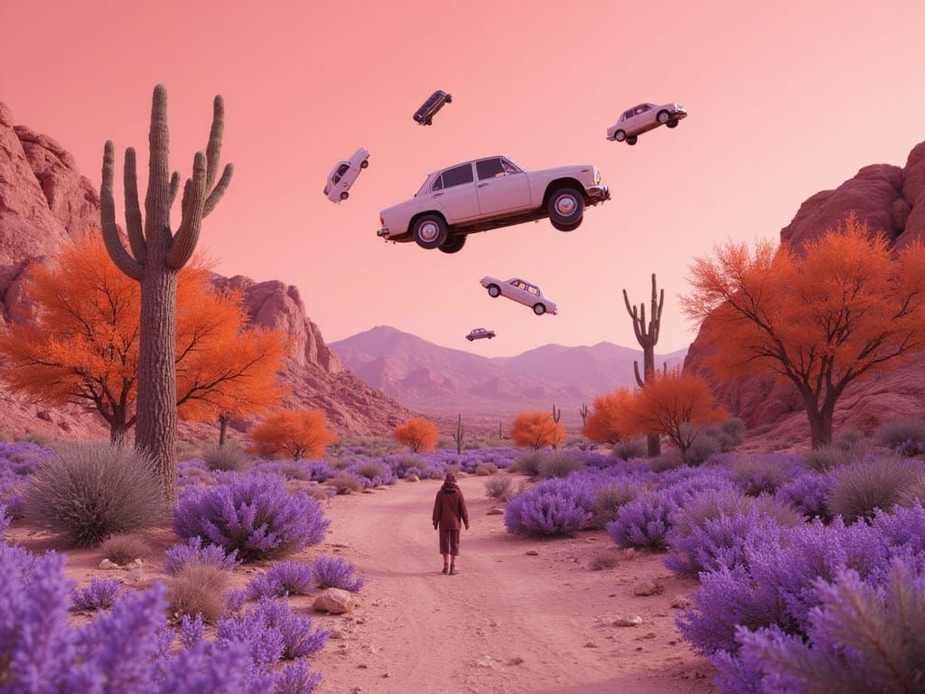 Surreal Desert Landscape with Floating Car Parts and Strange...