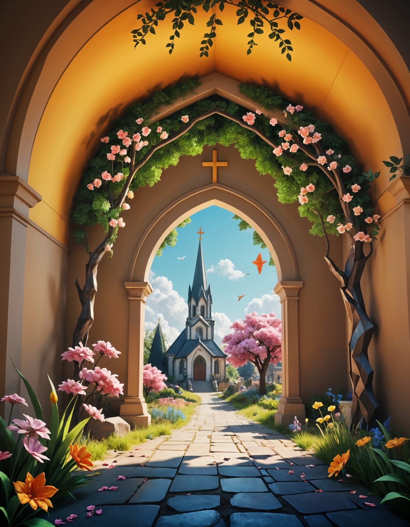 Origami Paper Art Village with Church