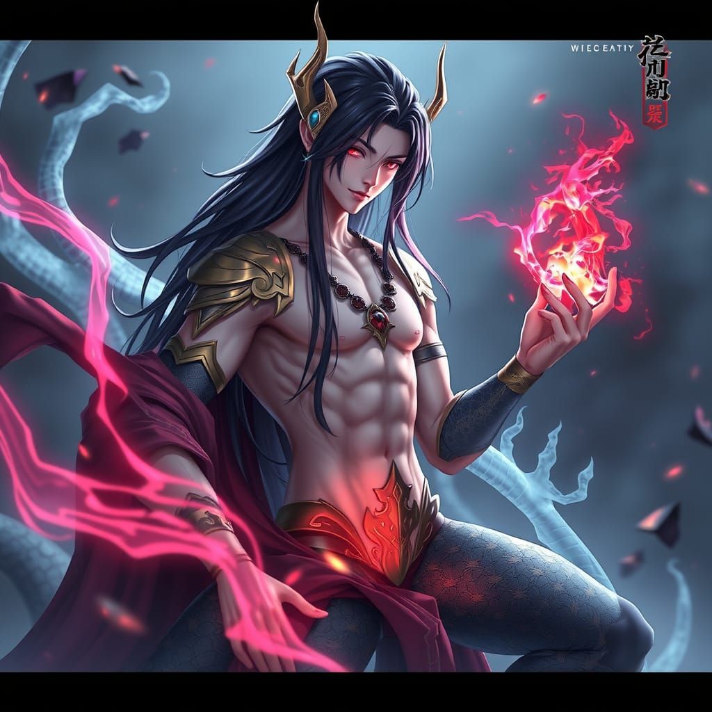 Surreal Anime-Style Naga Concept Art of a Handsome Male Figu...