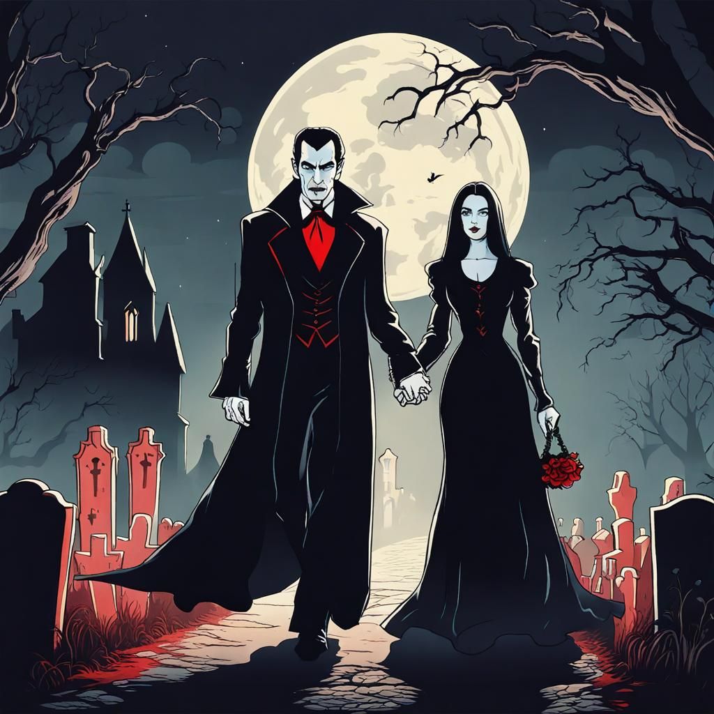 Dracula and Wife Strolling in Graveyard at Night