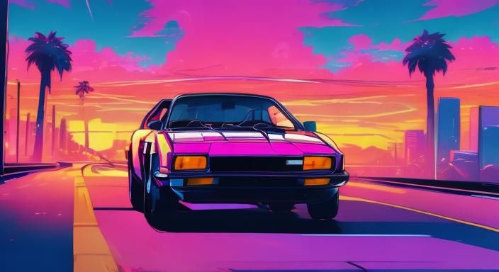 Retro Synthwave Sports Car at Sunset