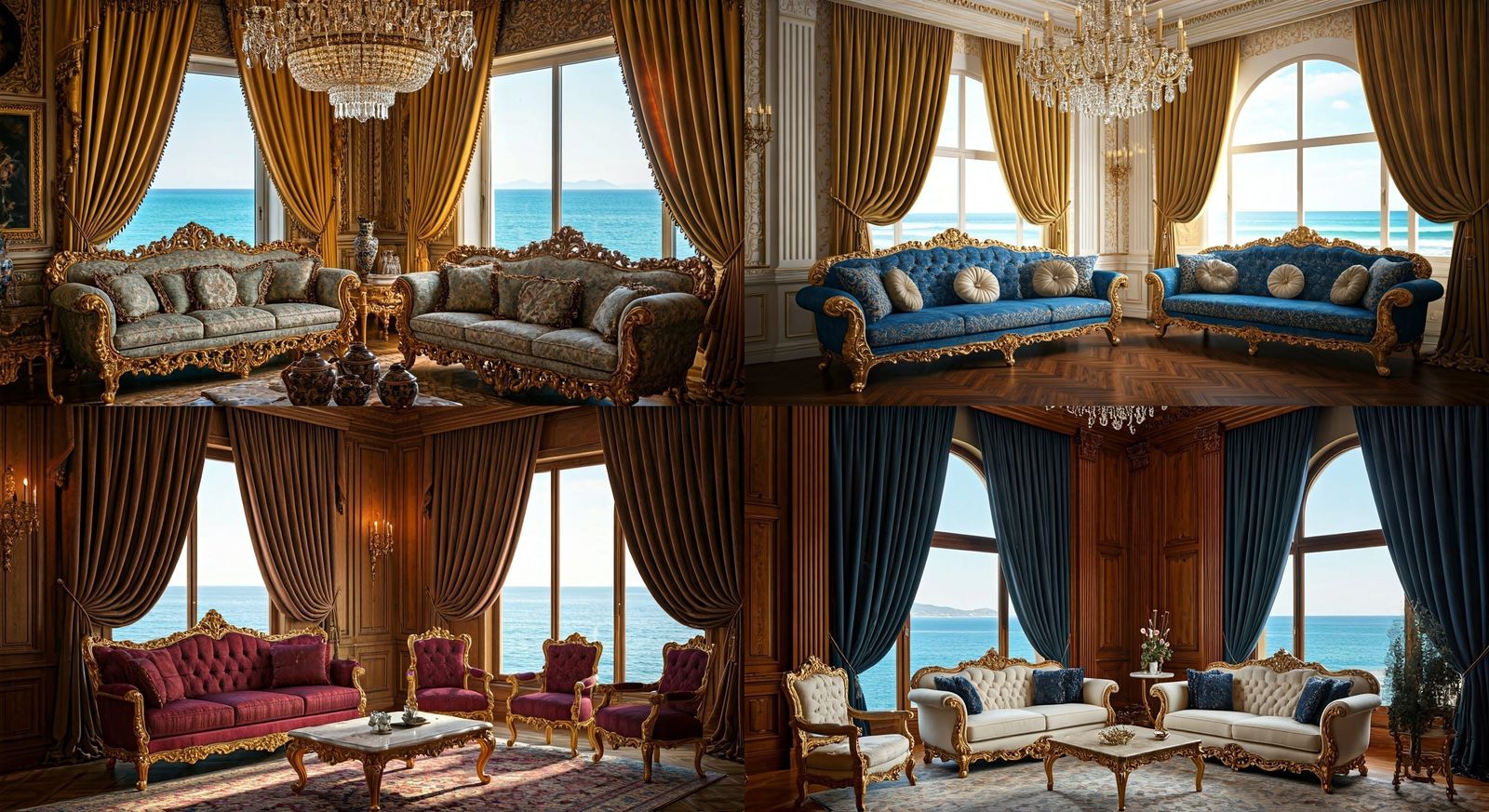 Luxurious Royal Palace Living Room with Regal Sofas and Ocea...