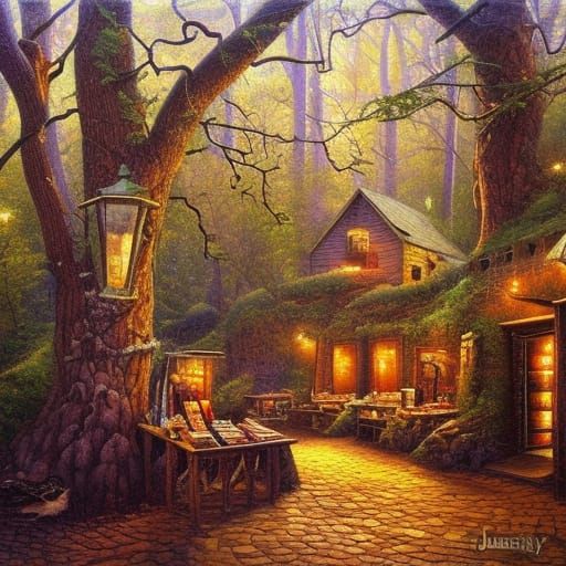 Fantasy Bookshop in Wild Woods: An Oil Painting