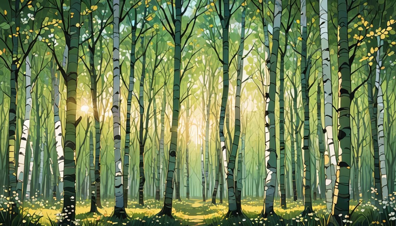 Stained Glass Birch Forest in Springtime