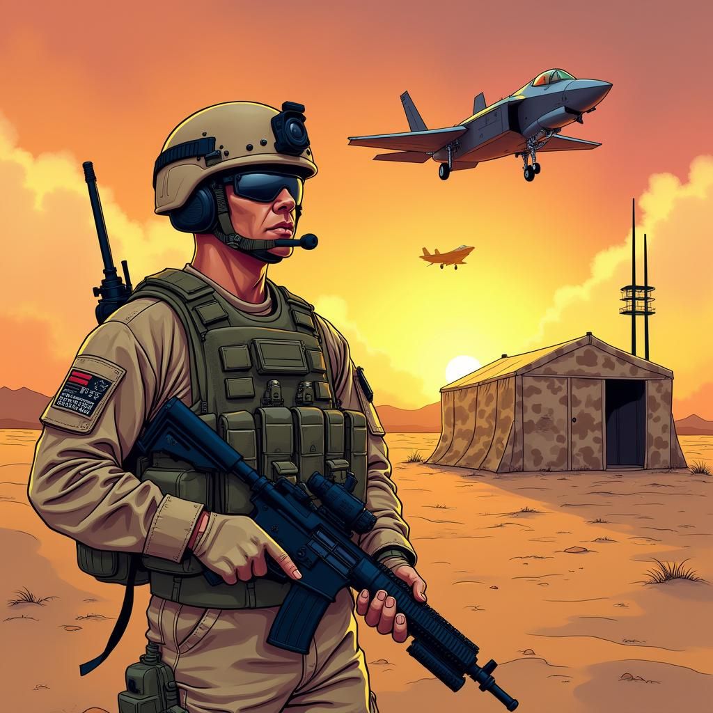 Cartoon Marine Sweating in Desert with Military Aircraft