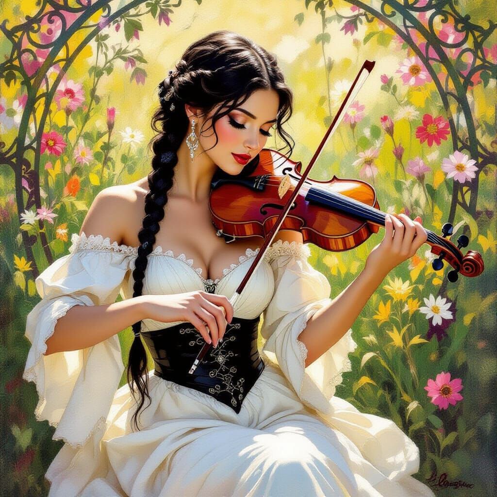 Woman Playing Violin in Garden, Art Nouveau Style