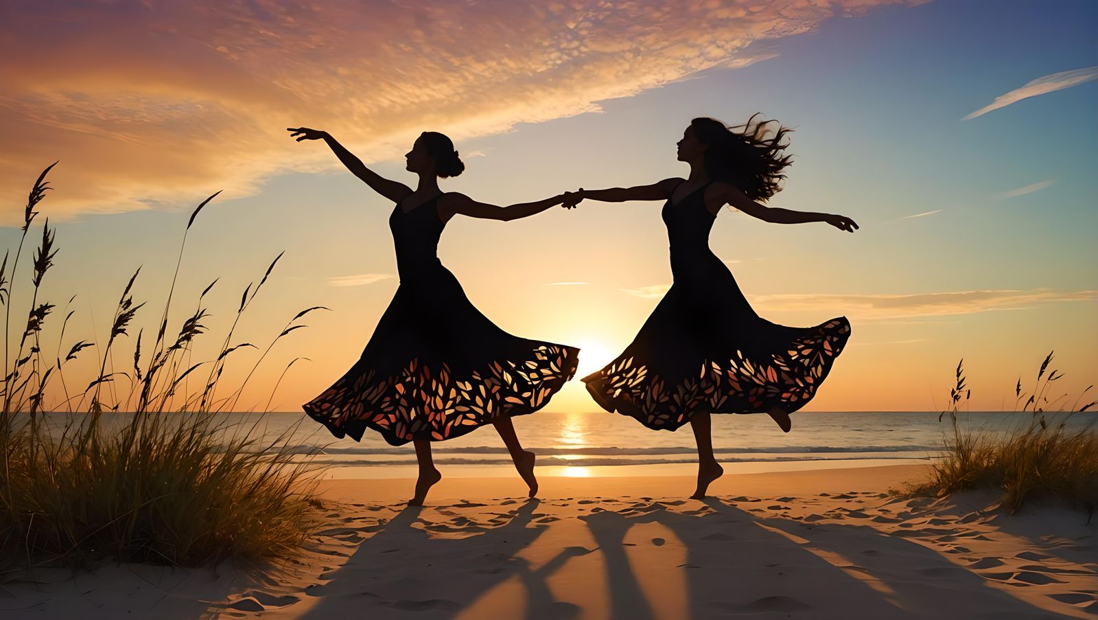 Woman Dances on Beach at Sunset: Silhouette