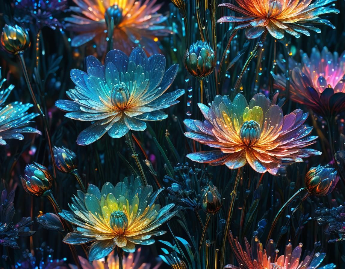 Iridescent Dew Covered Flowers in Moonlight: Digital Art