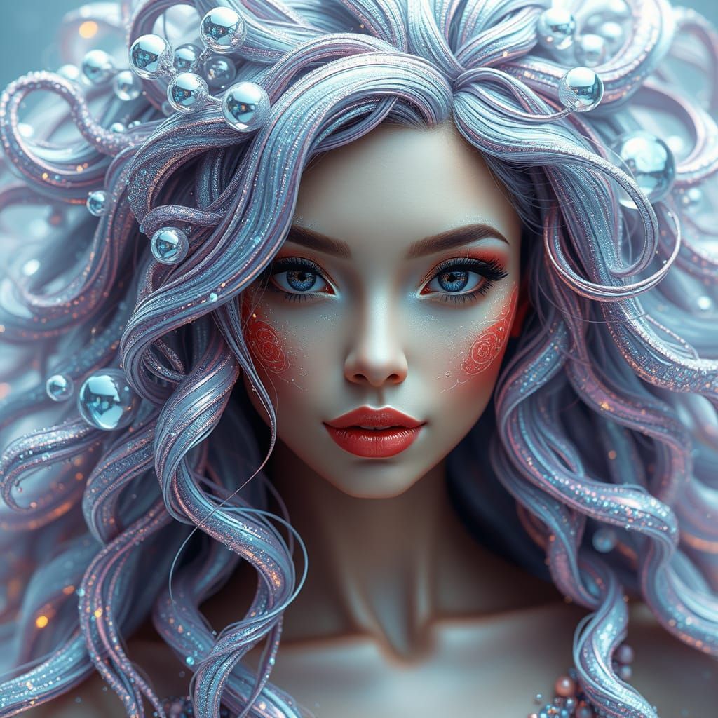 Vibrant, high-fantasy woman with striking, almond-shaped eyes, resplendent in shimmering, iridescent bubble hair that ap...