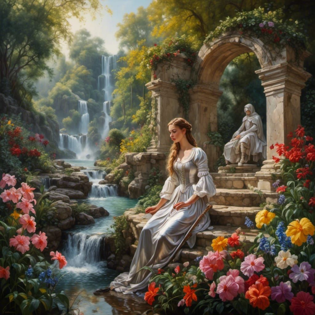 Woman Knight Praying in Garden, Oil Painting