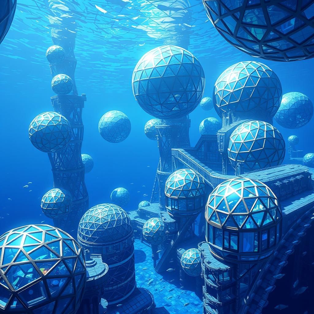 Underwater Geodesic Sphere City in 3D Cel-Shaded Style