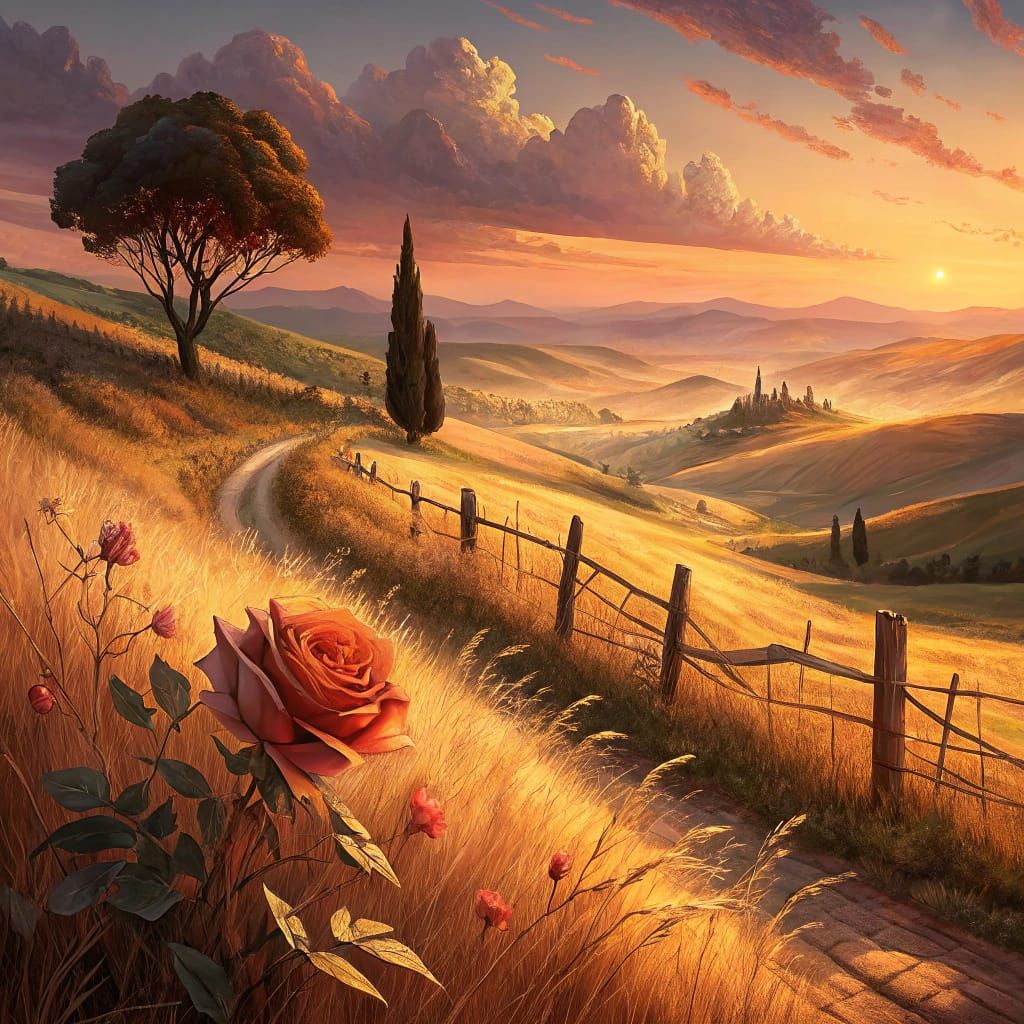 Serene Rustic Sunset Landscape in Warm Earth Tones