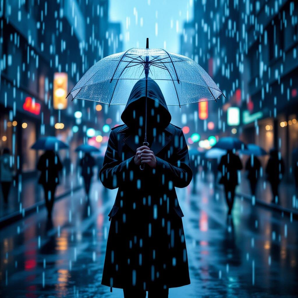 Digital Rain Over Transparent Mouse with Umbrella In Matrix ...