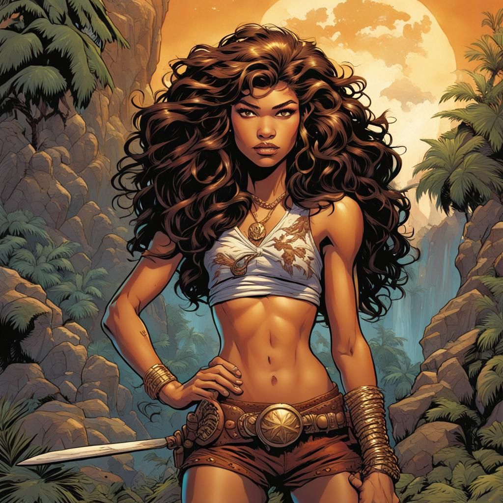 Cavewoman Pinup Portrait in Comic Book Art Style