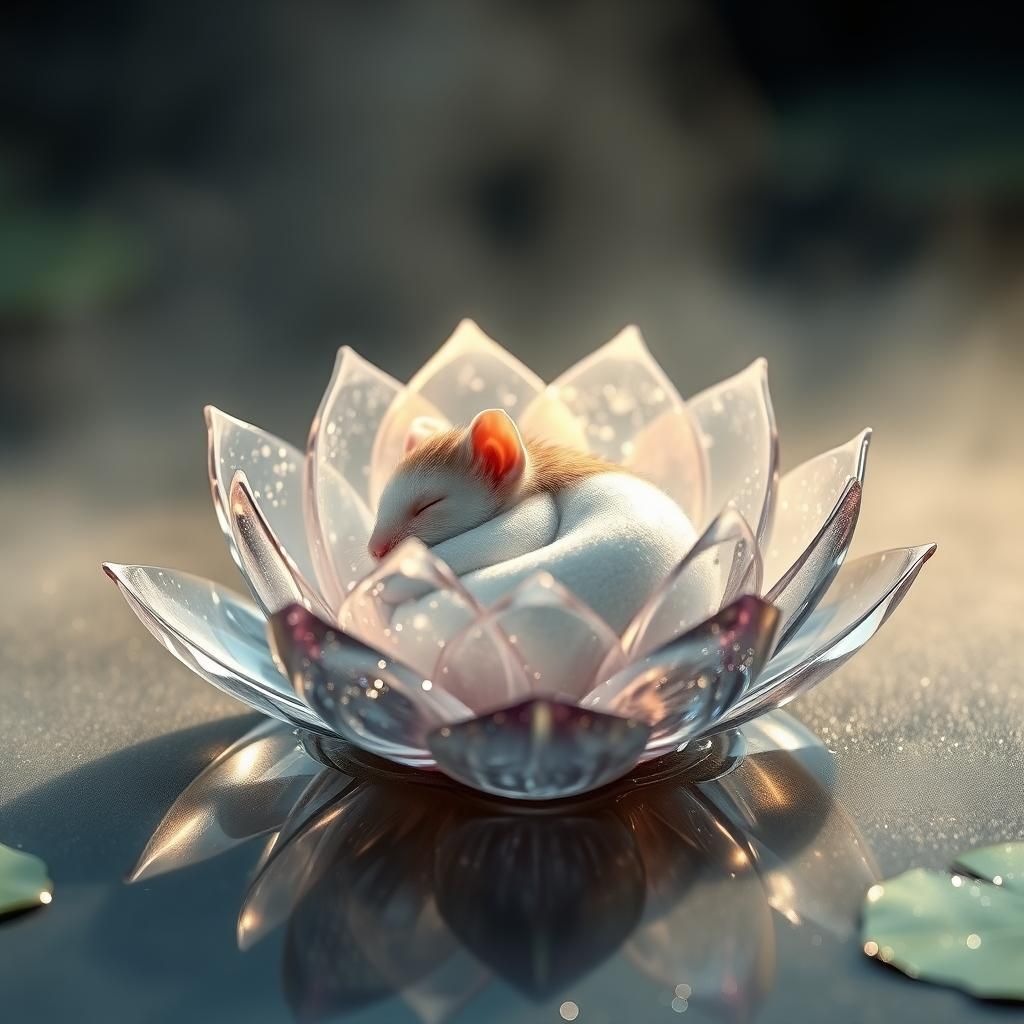 Cute young hamster a sleep in a Kristal waterlilie