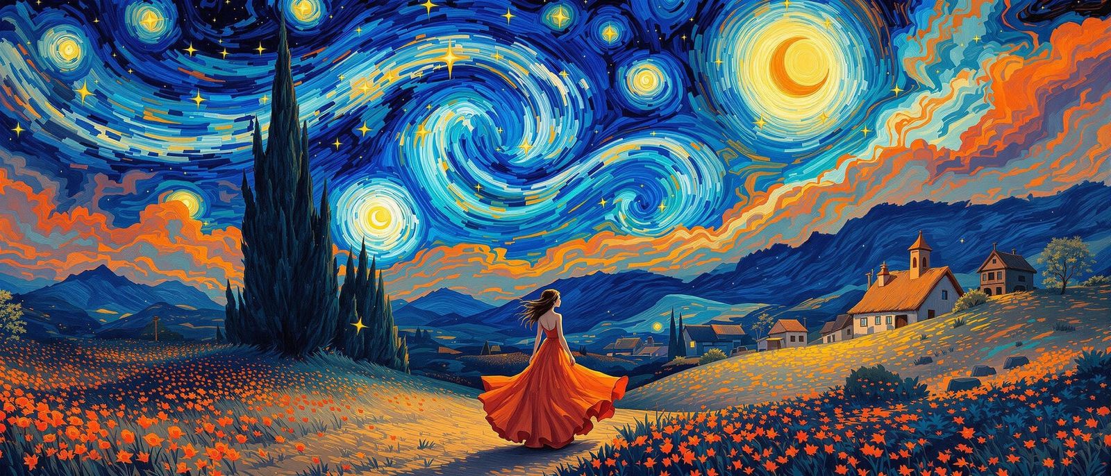 Flaming Woman in Starry Village, Post-Impressionist Style