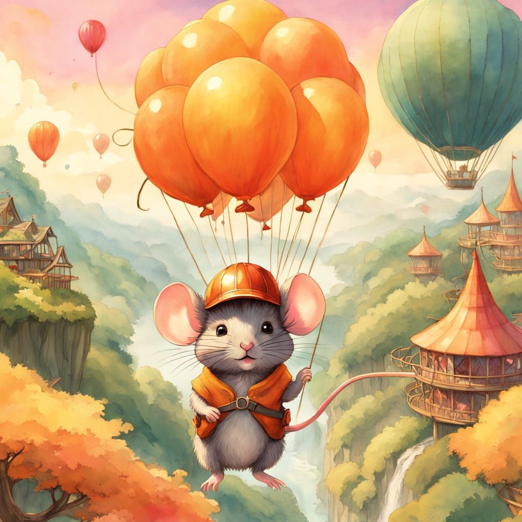 Fantasy Mouse Ziplines Over Vibrant Amusement Park at Sunset