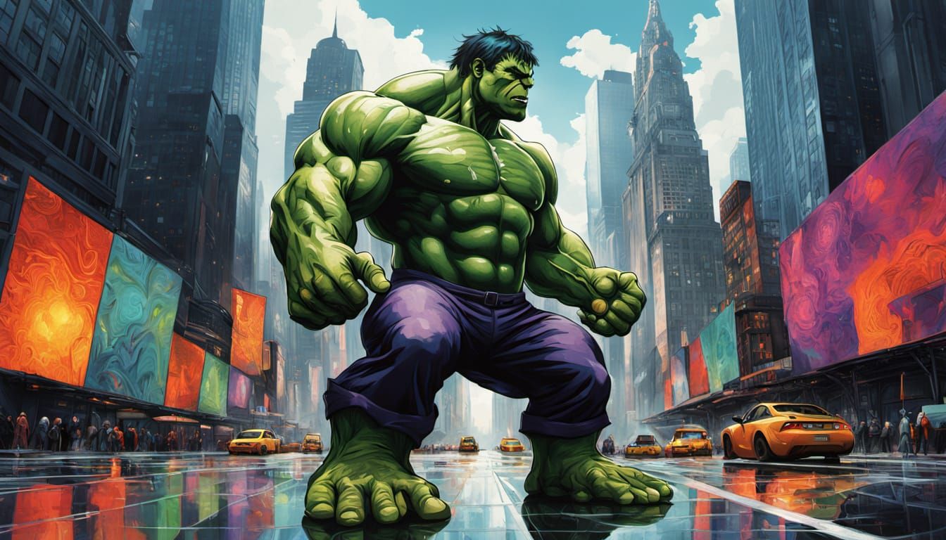 Impasto Cityscape with Baby Hulk Amidst Swirling Patterns