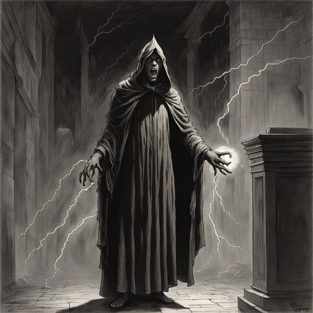 Hooded Cultist in Temple Horror Scene