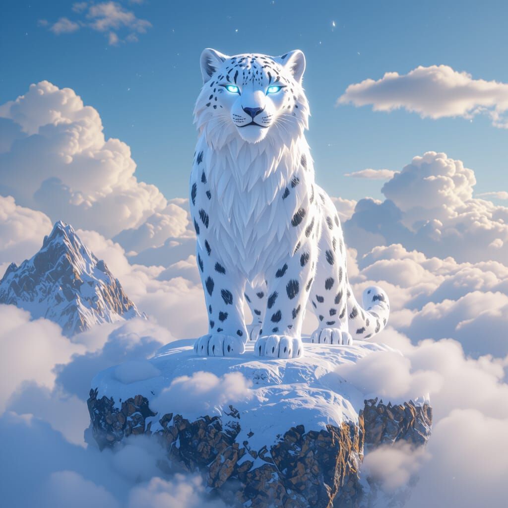 Quartz Snow Leopard Statue on Floating Island
