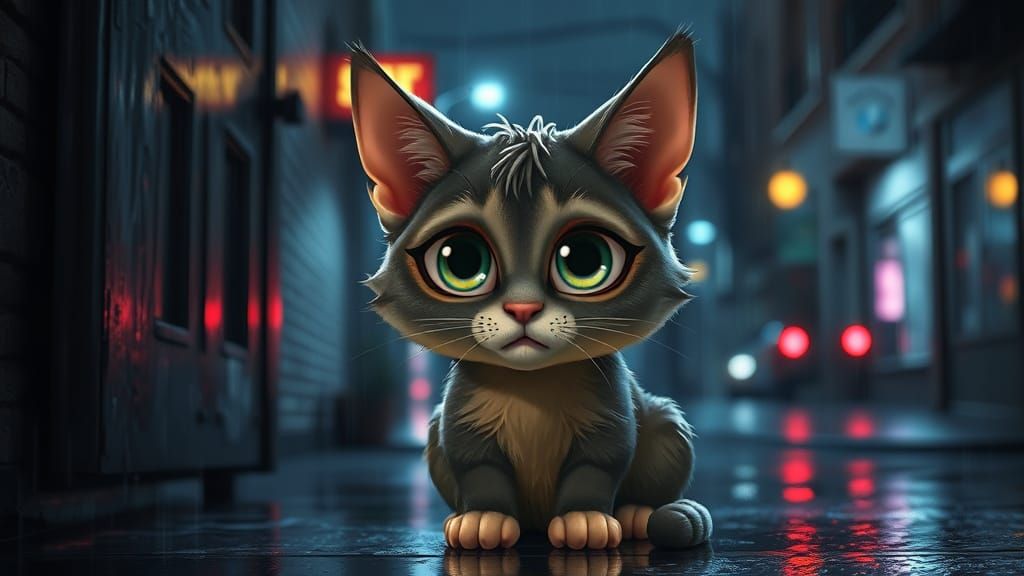 Mournful Feline in Rainy Alleyway