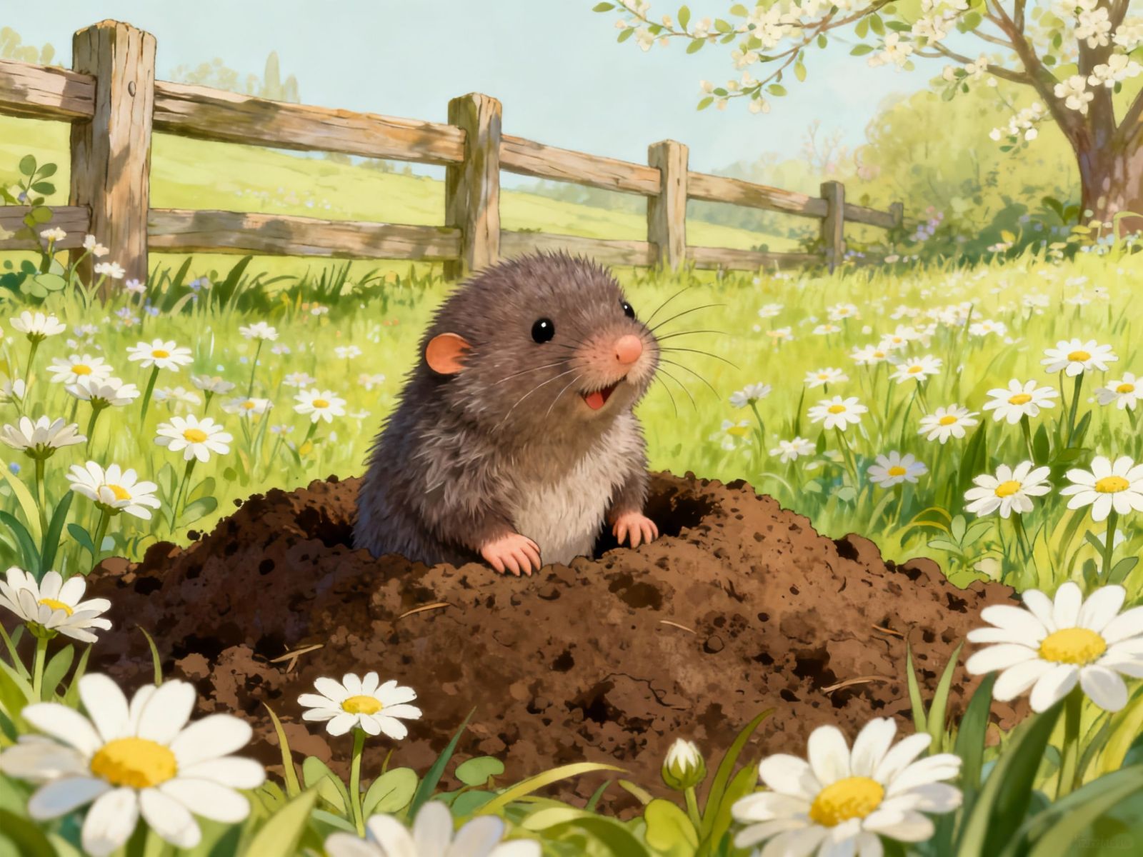 Fluffy Mole Peeks From Meadow Molehill in Spring