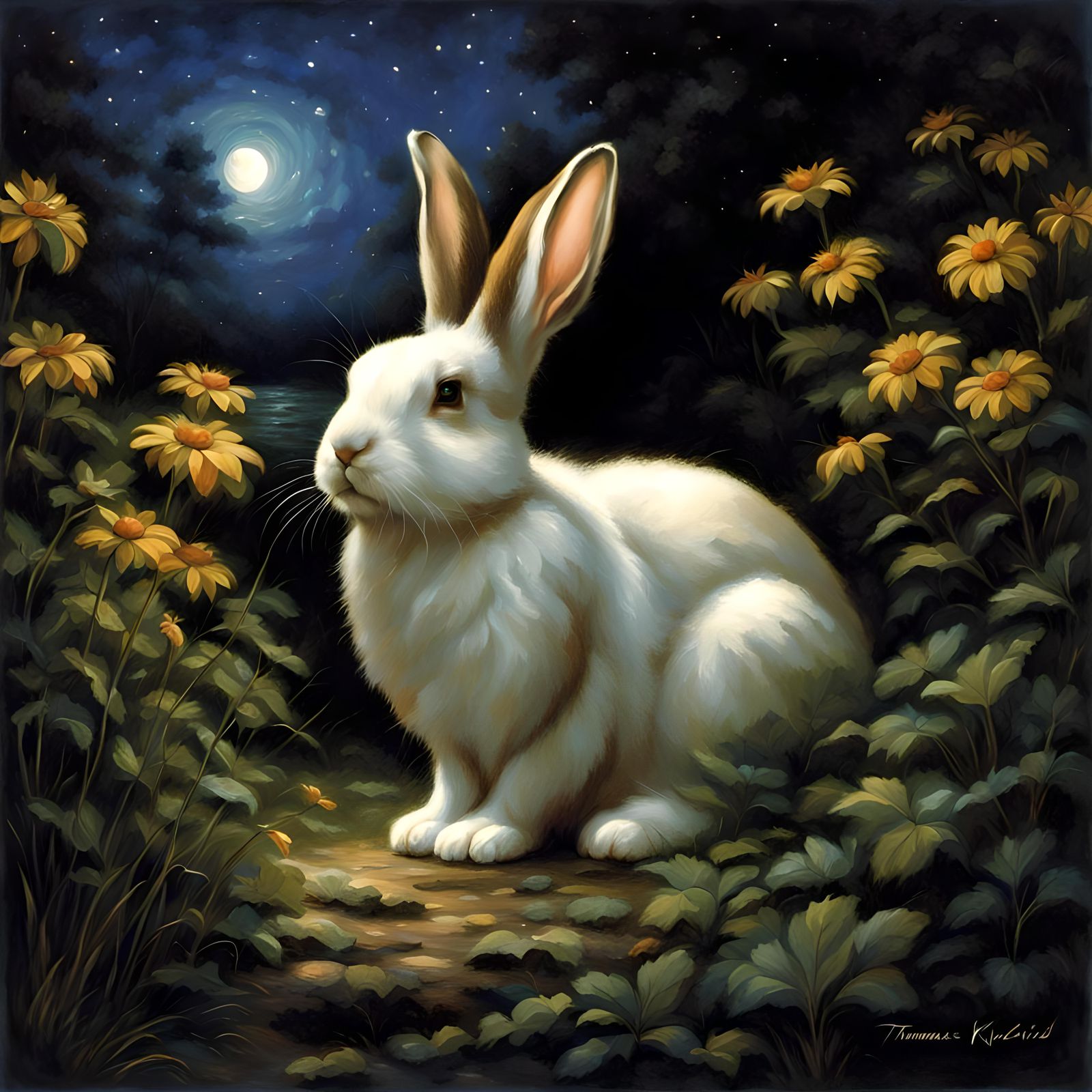 night, beautiful rabbit, by Thomas Kincaid