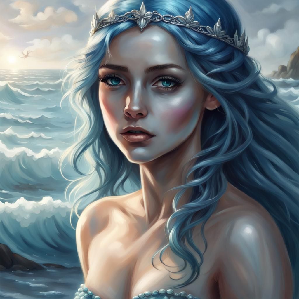Beautiful Blue-Haired Mermaid with Silver Crown