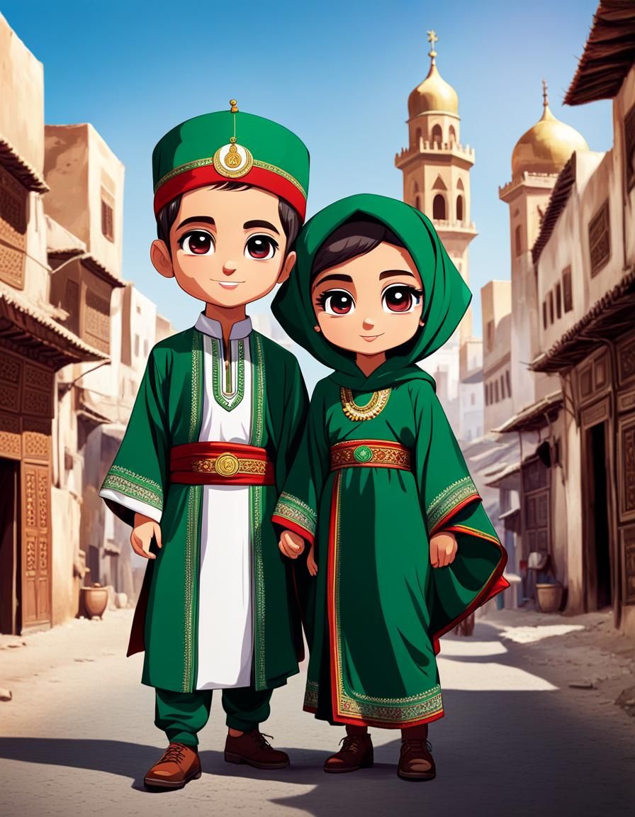 Chibi Boy and Girl in Algiers: Traditional Clothing