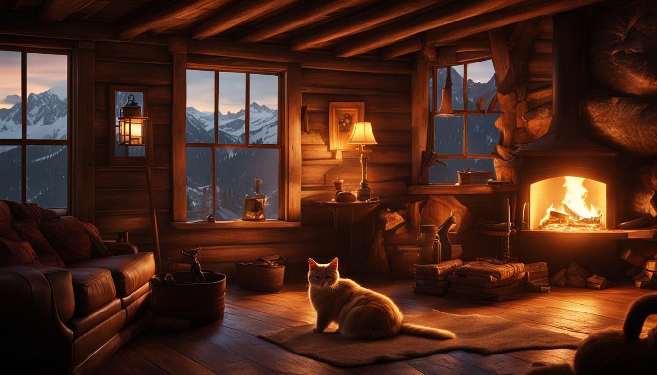 Rustic Mountain House Interior with Cat, Fireplace