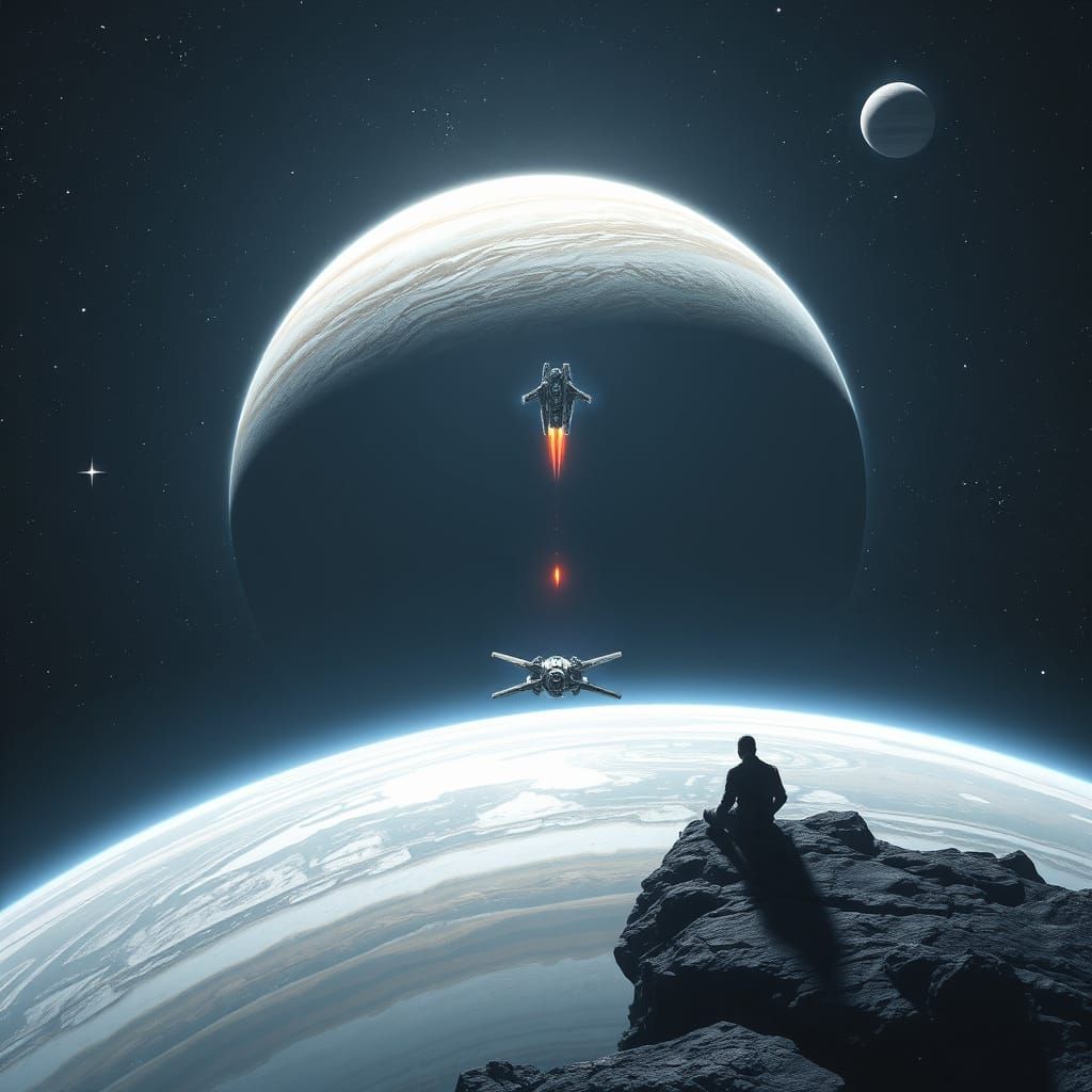 Person on Alien Planet with Spaceships