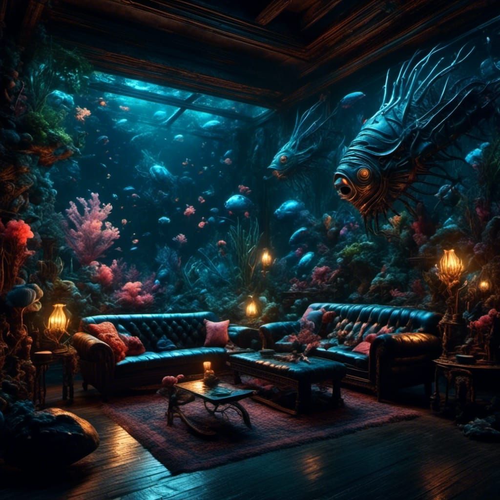 Bioluminescent Underwater Den in Dark Fantasy Style