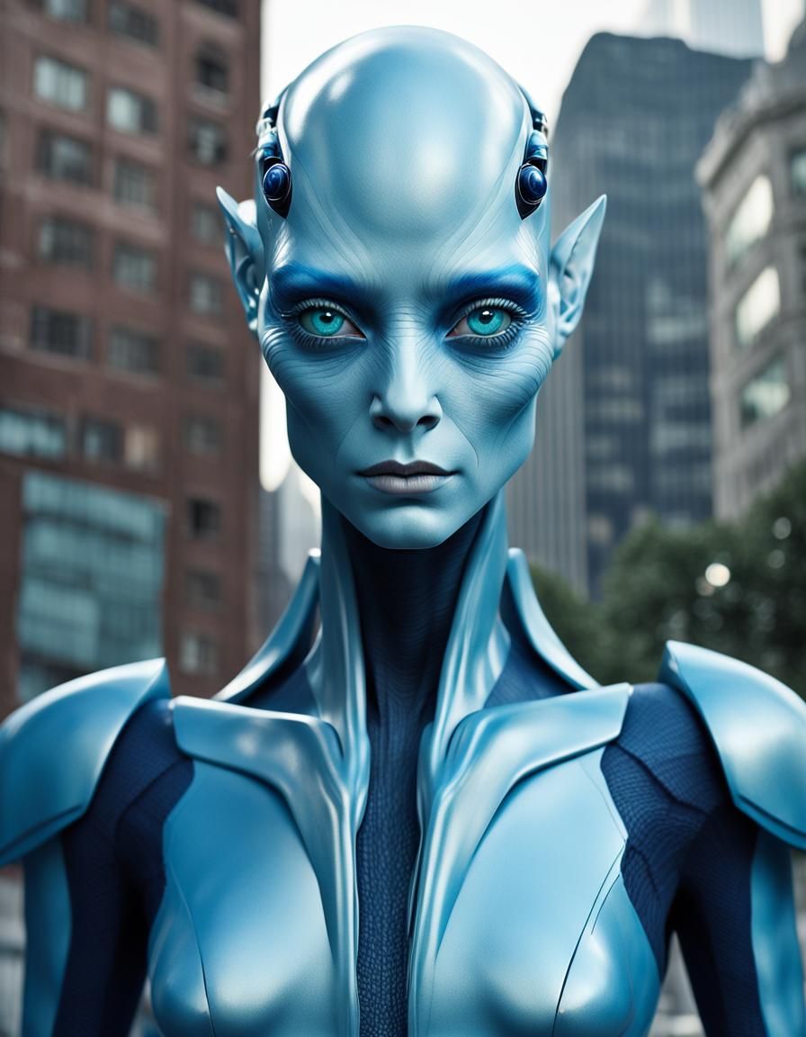Cinematic Portrait of a Stately Light Blue Humanoid Alien in...