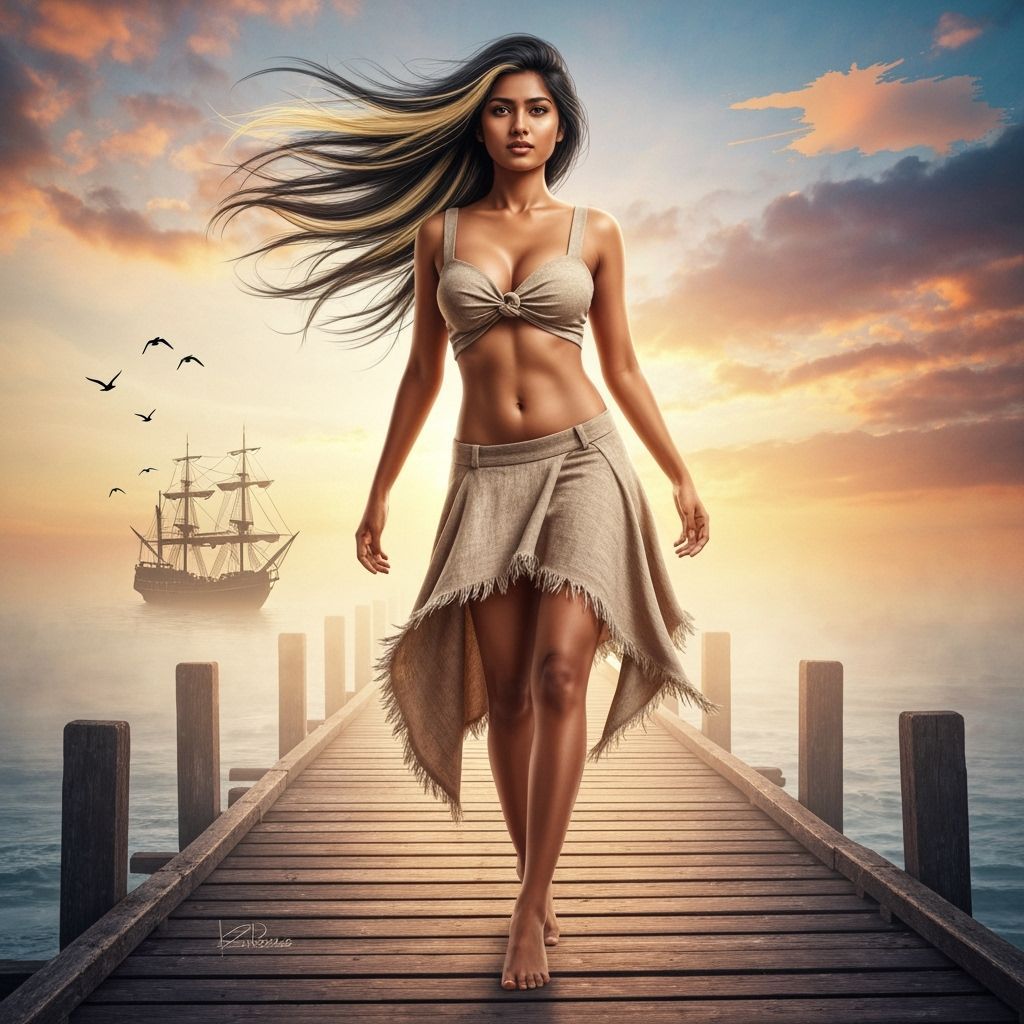 Indian Woman on Pier at Sunrise