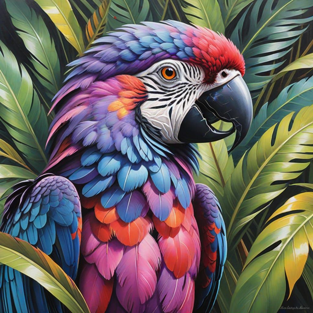 Exotic Parrot Portrait in Gouache Style with Impasto Texture...