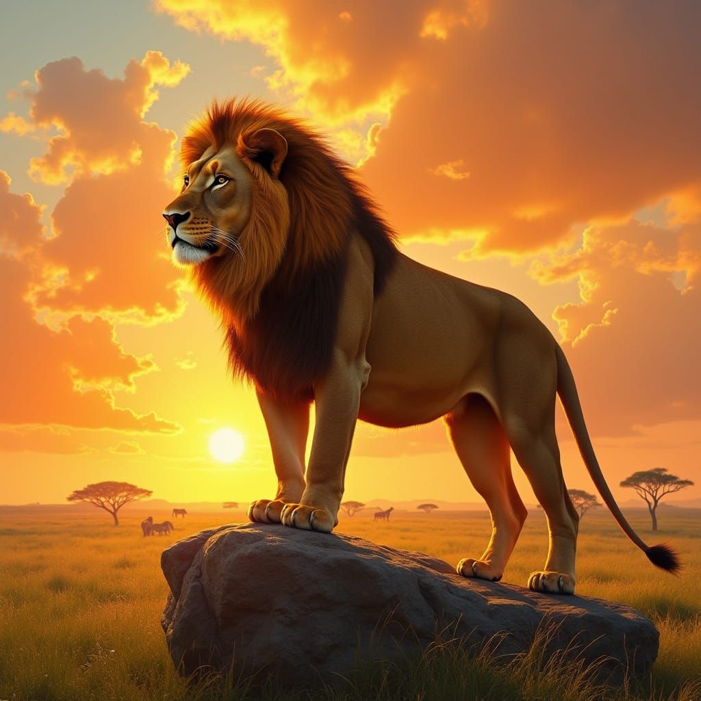 Majestic Lion Basks in Golden Sunset Light