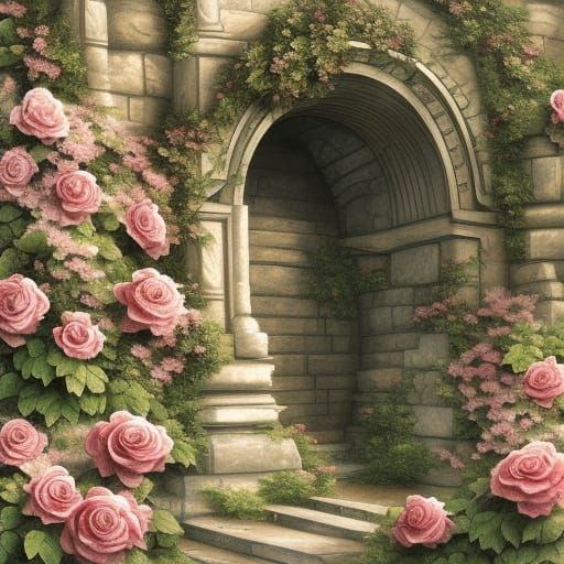 Intricate Climbing Roses Over Stone Arch