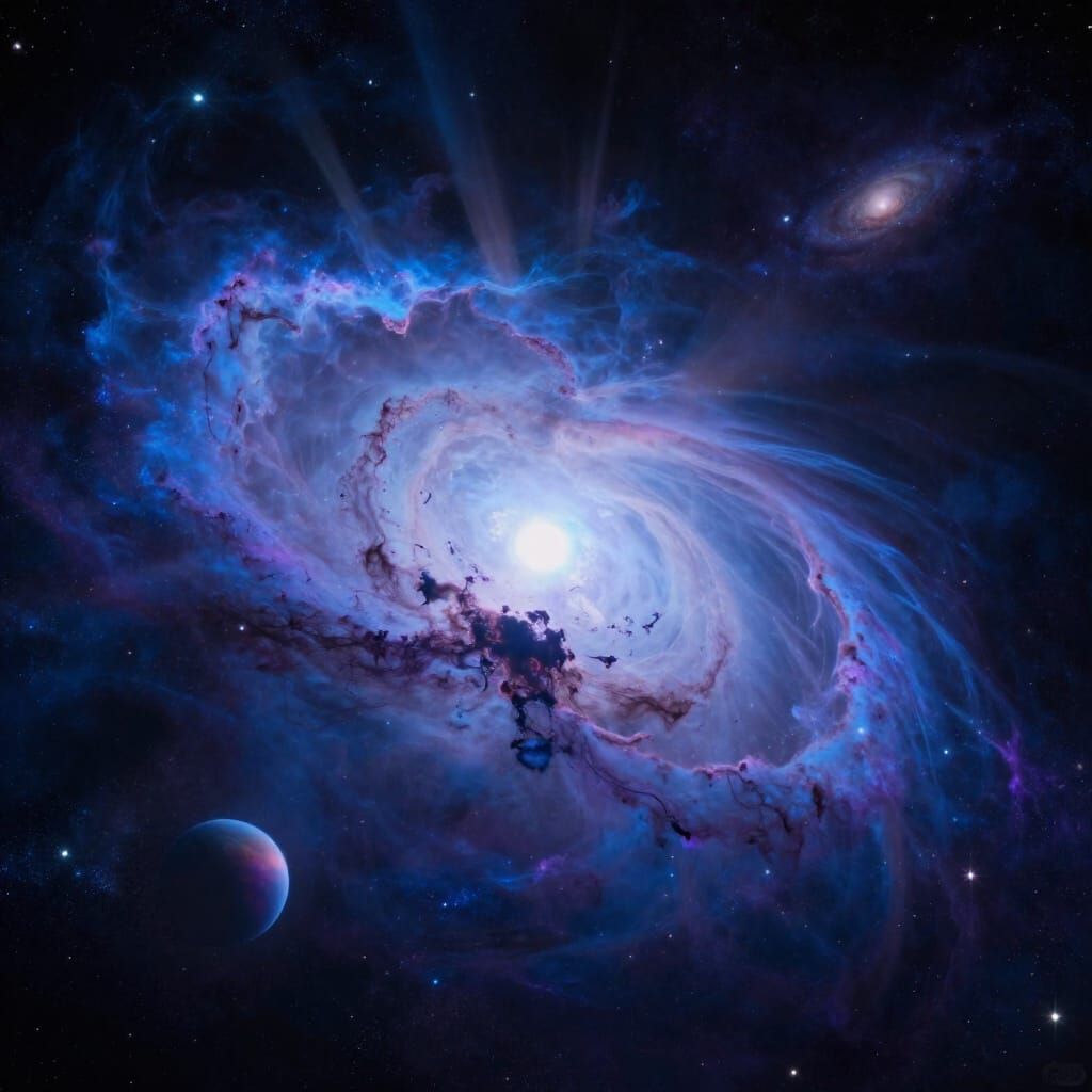 Cosmic Nebula and Planet in Vibrant Blues and Purples