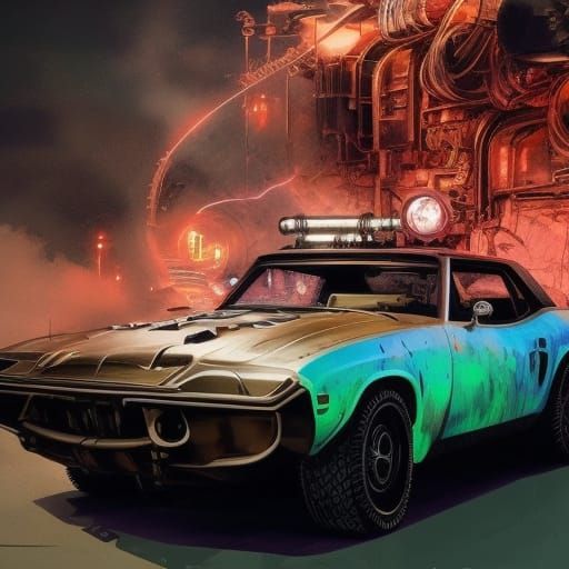 Steampunk Road Warrior Muscle Car in Neon Jungle