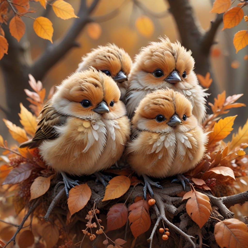 Cute Baby Birds in Autumn Digital Matte Painting
