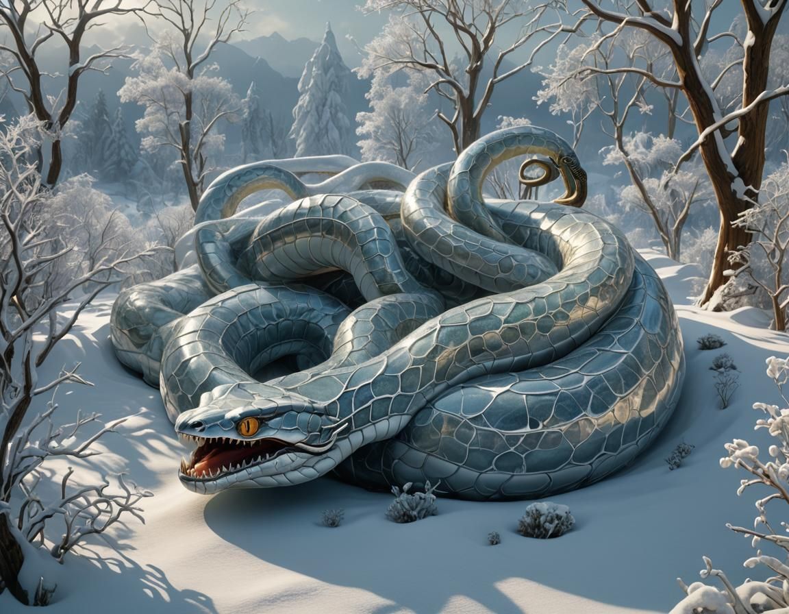 Icy Serpent Encircling Winter: Surreal Glass Art