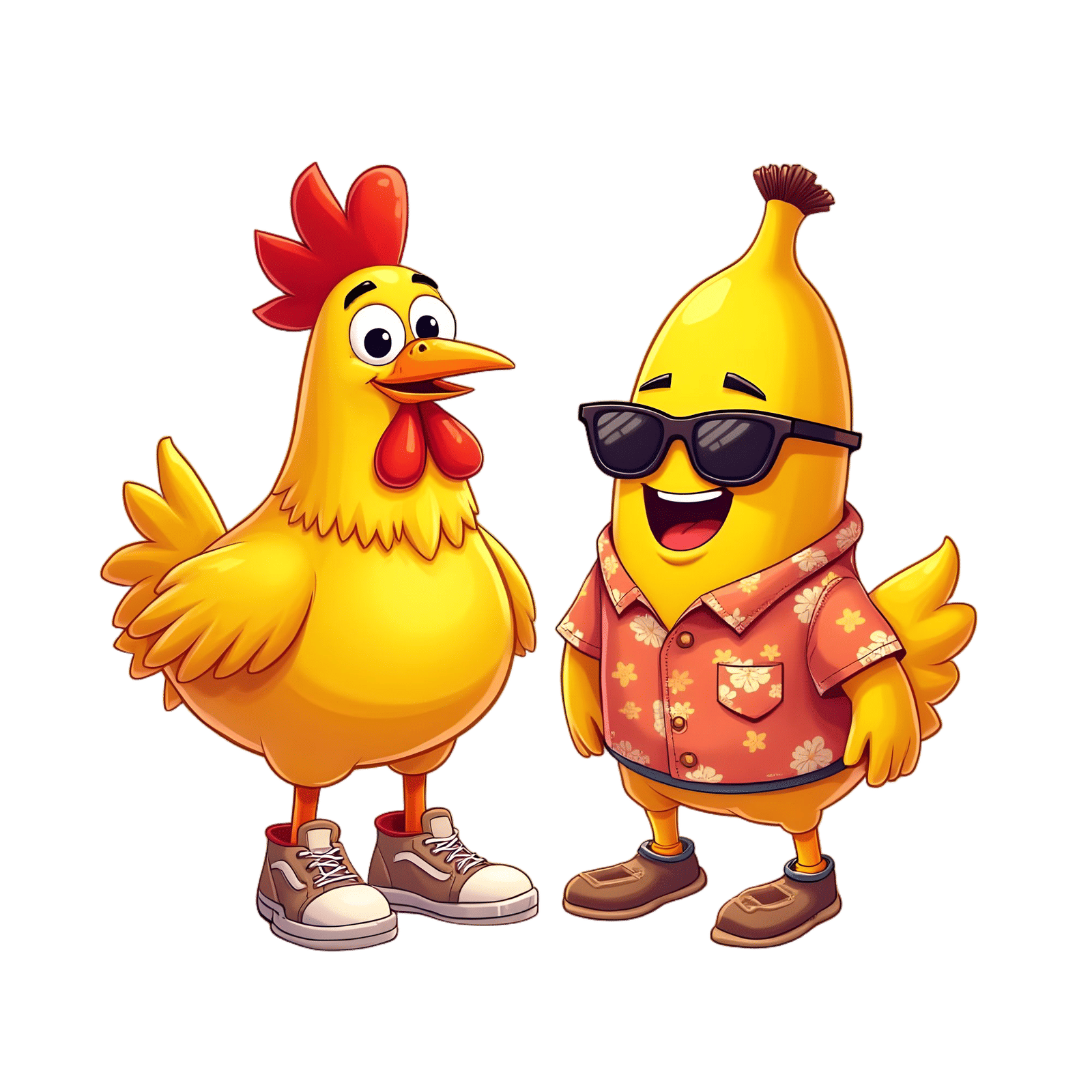 Cartoon Chicken Stands Beside Fruit Friend