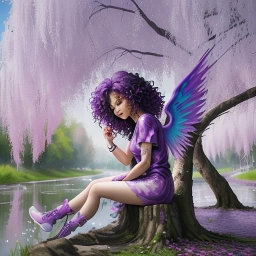 Purple Haired Fairy by River in Graffiti Art