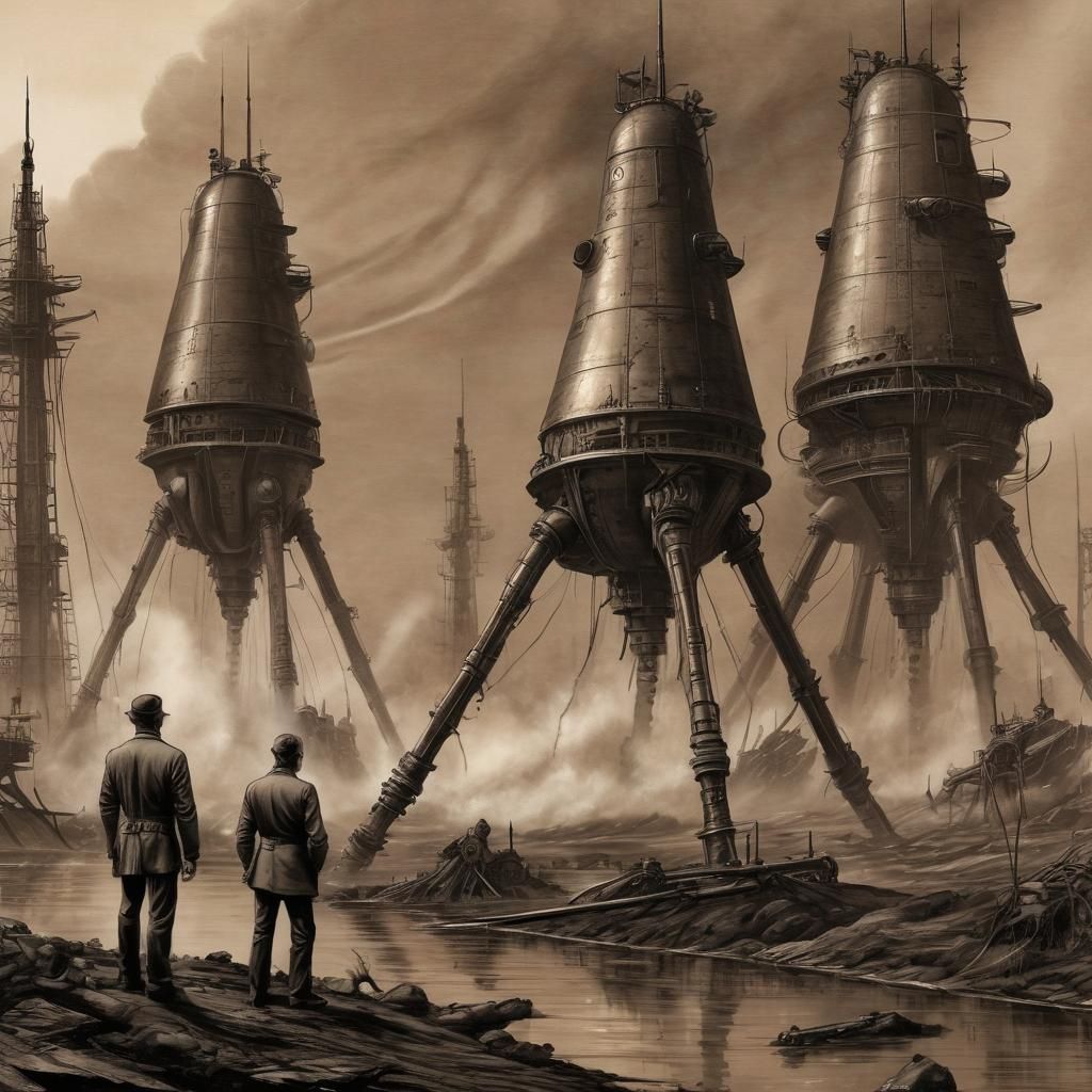 Martian Tripods vs Thunderchild in Steampunk Style