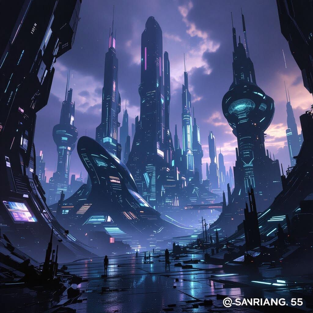 Dark Alien Cityscape in Hyperrealistic 3D Style