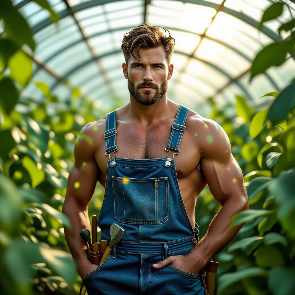 Rainbow Gardener in Greenhouse: Hyperrealistic Portrait